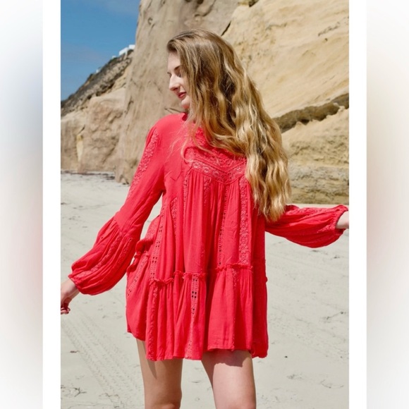 Free People Sweetest Dream Tunic Top L Coral Pink Boho Open Back NWT - Picture 11 of 12